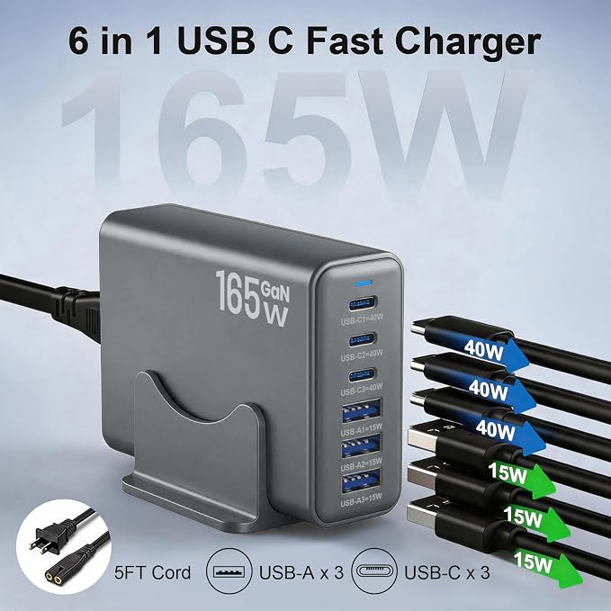 165W Charging Station, 6 Port Desktop Charger, 3 Ports 40W Grey | USB Charger Block, 3 x USB A 15W, 3 x USB C 40W, Compatible with iPhone, Galaxy, MacBook, iPad, Home Office, Travel and More - Image 2
