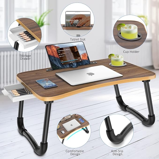 Zapuno Foldable Laptop Bed Table Multi-Function Lap Bed Tray Table with Storage Drawer and Water Bottle Holder, Serving Tray Dining Table with Slot for Eating, Working on Bed/Couch/Sofa - Image 3