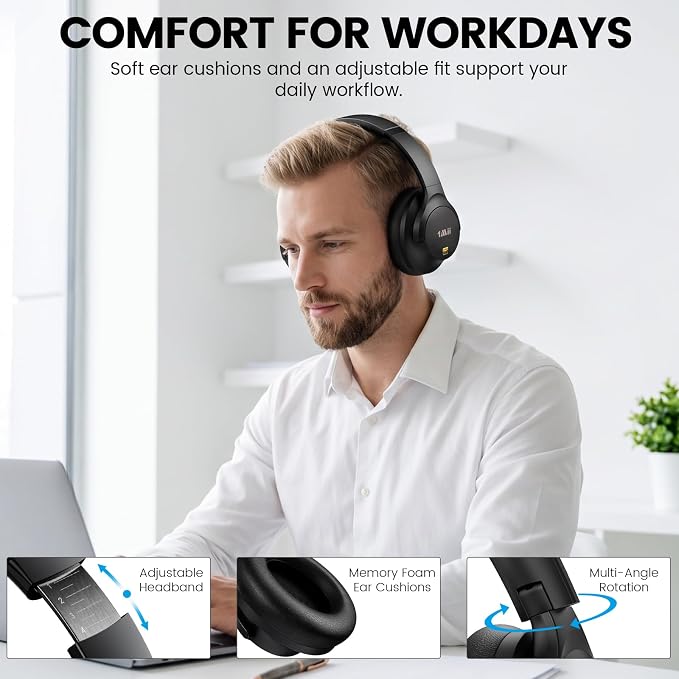 1Mii Y8+ Noise Cancelling Headphones Bluetooth 6.0 Over-Ear Wireless, Black | Hybrid ANC, 100 hrs Playtime, Comfortable, LDAC Hi-Res Audio, Deep Bass, Custom EQ via APP for Airplane & Travel - Image 7