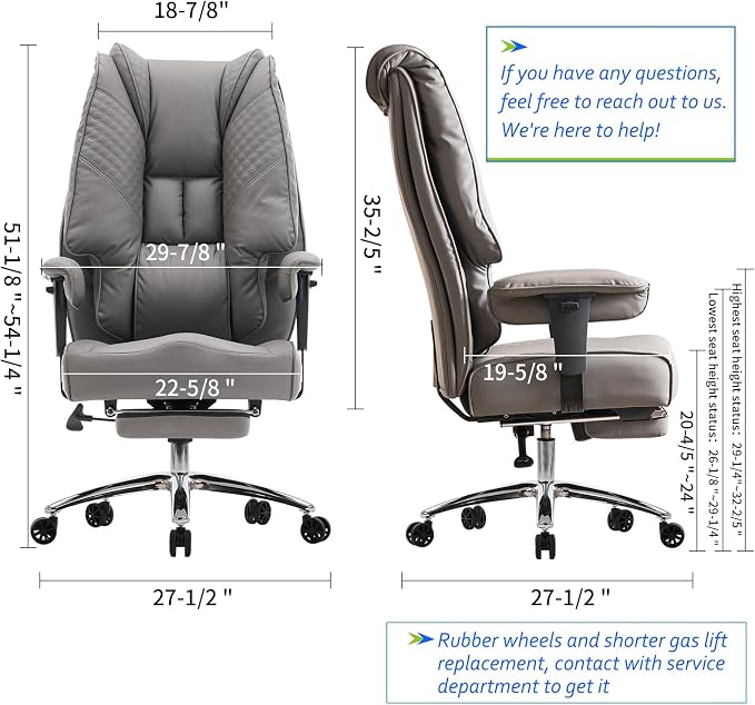 EXCEBET Big and Tall Office Chair 400lbs Wide Seat, Leather High Back Executive Office Chair with Foot Rest, Ergonomic Chairs Lumbar Support for Lower Back Pain Relief (Grey) - Image 2