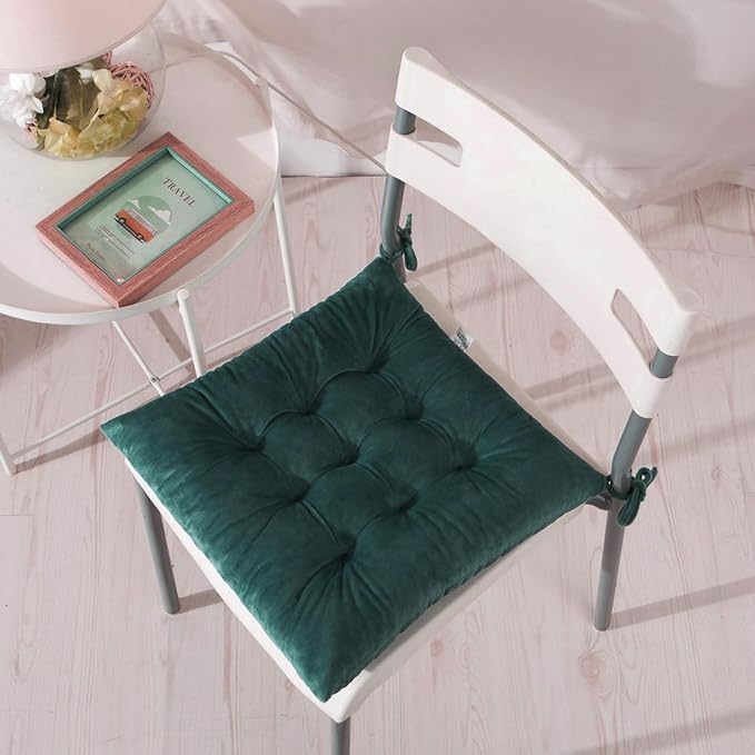 2 Pack Square Seat Cushion Chair Pads for Kitchen Dining Chairs, Soft Comfort Velvet Chair Mat Pillow Cushions with Ties for Office Desk Living Room Tatami 15.5", Dark Green - Image 6