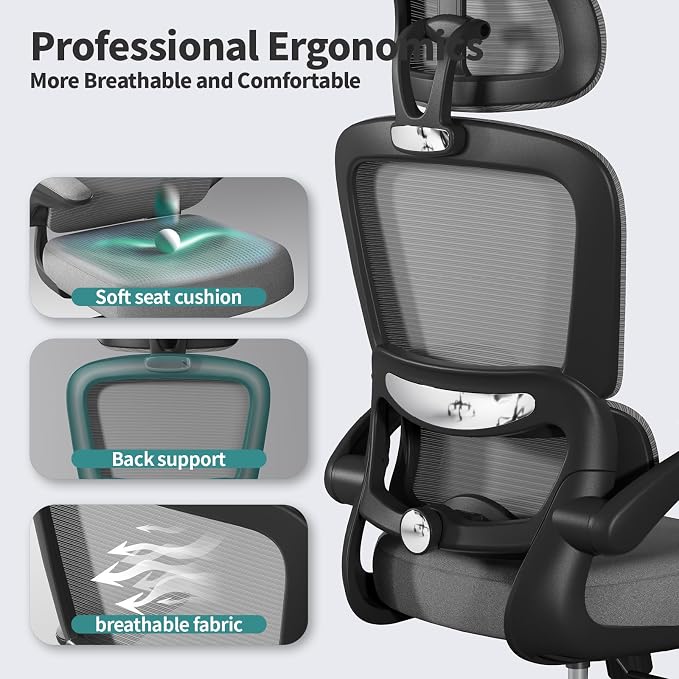 TRALT Office Chair Ergonomic Desk Chair - Gaming Chair with Lumbar Support | 330 LBS Home Office Desk Chairs with Headrest, Reading Chair with Flip-up Armrests, Comfortable Computer Chairs (1, Grey) - Image 3