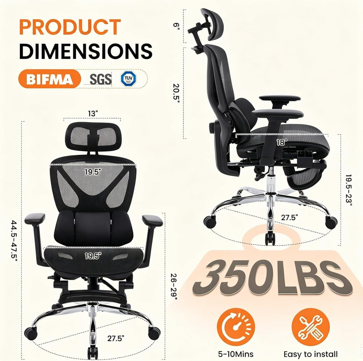 LuxErgo High Back Ergonomic Mesh Office Chair, Home Desk Chair with Adjustable Lumbar Support Foot Rest, 3D Headrest and Armrests, 350lbs Big and Tall High Back Reclining Gaming Chair, Black - Image 3