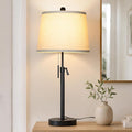 Black Bedside Lamp Tall Table Lamp 22" to 30" Adjustable Height 3 Brightness Way Nightstand with Beige Linen Shade Pull Chain Pole Lights for Living Room Guest Bedroom End Table(Bulb Included, Single) by JUNNAI