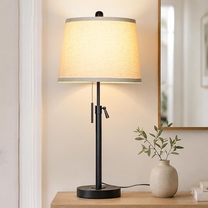 Black Bedside Lamp Tall Table Lamp 22" to 30" Adjustable Height 3 Brightness Way Nightstand with Beige Linen Shade Pull Chain Pole Lights for Living Room Guest Bedroom End Table(Bulb Included, Single) by JUNNAI