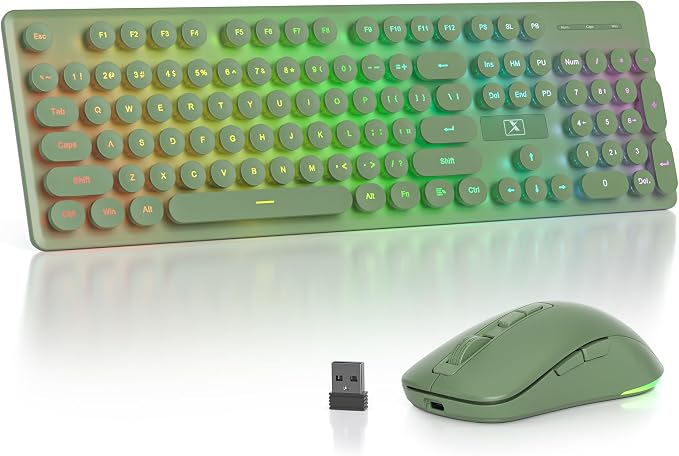 Backlit Wireless Keyboard and Mouse, 2.4GHz Light Up Typewriter Rechargeable Cordless Quiet Keyboard with USB Receiver for PC/Laptop(Dark Green) by Vumilstek
