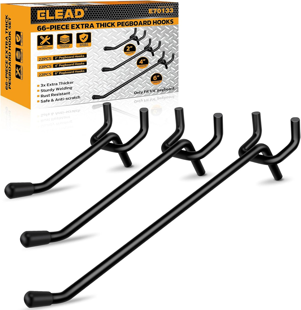 66-Piece 2/4/6 Inch Extra Thick Pegboard Hooks, Heavy Duty Peg Board Organizer Accessories, Peg Board Tool Hangers Fit for 1/4" Pegboard Hanging Tools Garage, Workshop, and Craft Storage by ELEAD