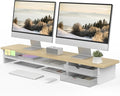 Fenge Monitor Stand, Desk Computer Riser with Frosted Storage Drawer, Oak | 42.5 Inch Dual Monitor Riser, 2 Tiers, Cable Management, Desk Shelf for 2 Monitors, Ultrawide Screen, Laptop, TV, Home Office by Fenge