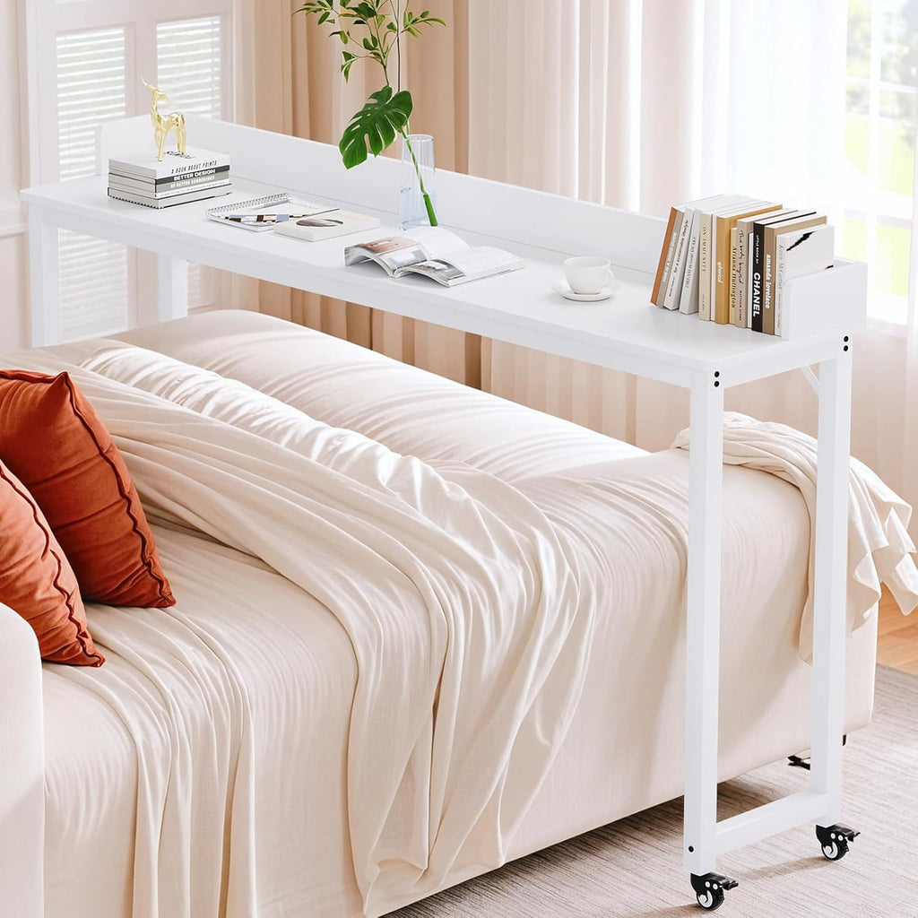 Overbed Table with 360° Wheels, Queen Size Mobile Bed Desk, White by Arlopu