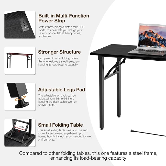 TEMI Long Computer Desk Folding Table - No Assembly, Compact 55.1" Foldable Desk with Power Outlets & USB Charging Port, Portable Lagre Office Desk, Study Table for Narrow Spaces, Dark Oak - Image 7
