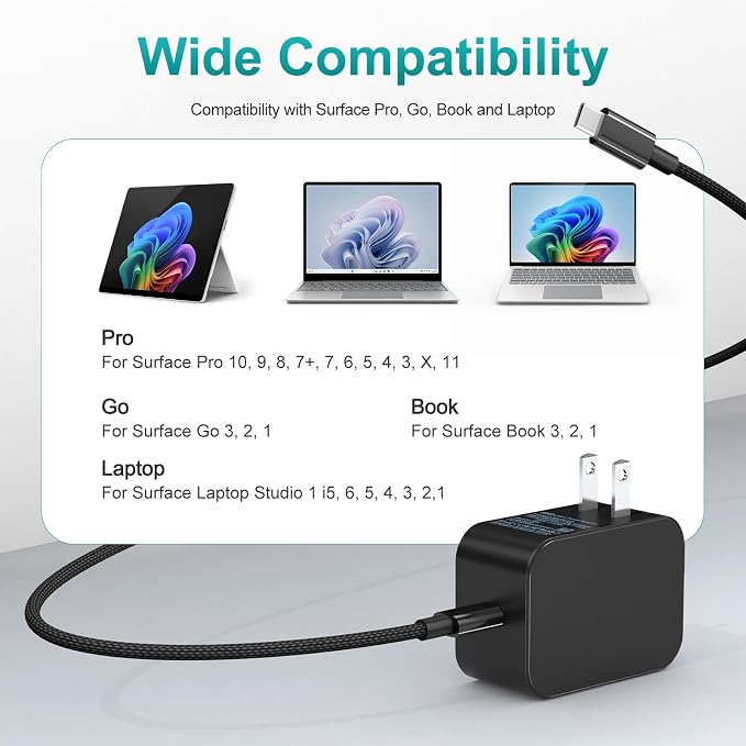 New 65W Surface Charger with Foldable AC Plug, Compatible with Surface Pro Charger 13 11,12,10,9,8,7+,7,6,5,4,3,X, Surface Book3,2,1, Laptop & Tablet, Supporting 44W 36W 24W Charging Needs - Image 5