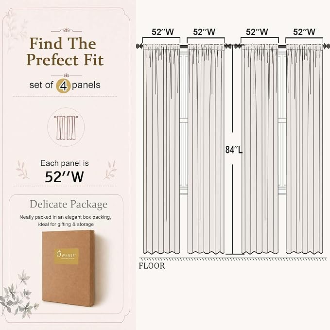 White Sheer Curtains 84 inches Long for Living Room 4 Panels Set | Sheer White Curtains for Bedroom, Rod Pocket Airy Light Filtering Window Treatments, 4 pcs, Each Panel 52" Width x 84" Long - Image 4