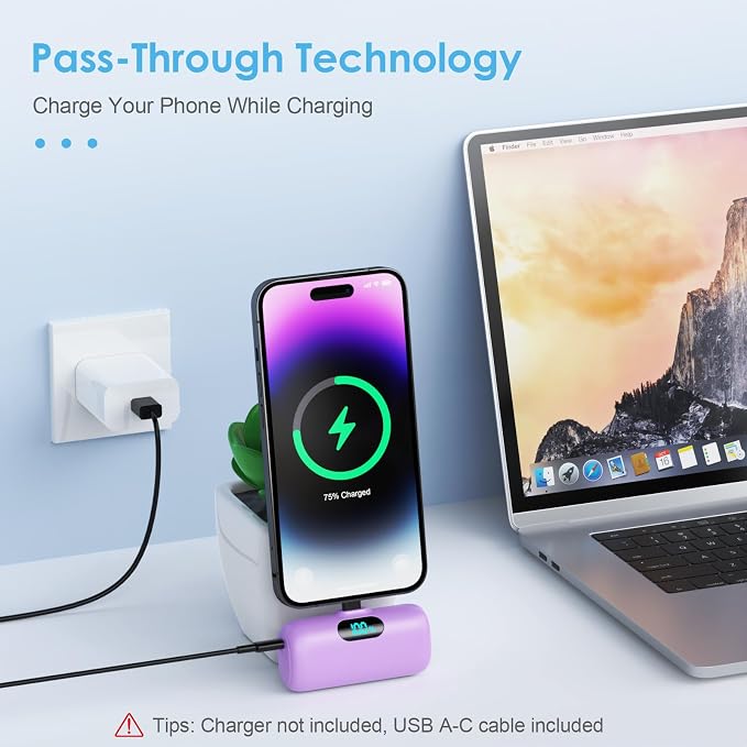 [2 Pack] Small Portable Charger for iPhone,Upgraded 5000mAh PD Fast Charging Power Bank, LCD Display Cute Mini Battery Pack Compatible with iPhone 14/14 Pro Max/13/13 Pro/12 Pro/11/XR/X/8,Blue+Purple - Image 2