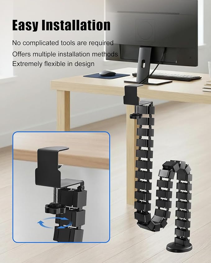 Desk Vertebrae Cable Management Spine Kit Fit for Sit Stand Desk | Adjustable Quad Entry Flexible Cord Organizer, No Drill Clamp-On Under Desk Modular Cable Control with Steel Base - Image 6