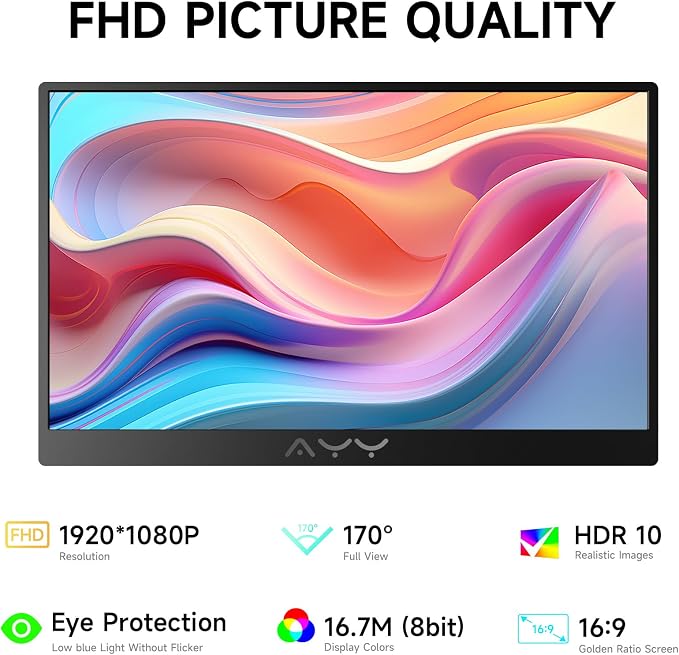 AYY Portable Monitor for Laptop 15 Inch, FHD 1080P USB-C HDMI Travel Monitor External for Computer, Second Display HDR IPS Gaming Monitor Extender for PC MAC Phone PS4/5 Xbox Switch, Built-in Speakers - Image 2