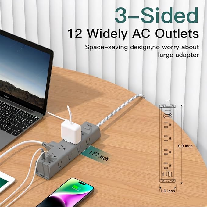 10FT Extension Cord, Power Strip Surge Protector with 12 AC Outlets & 4 USB | Flat Plug, 1050J Overload Protection, Wall Outlet Extender for Home Office Dorm Living Room Bedroom Essentials, ETL Listed - Image 6