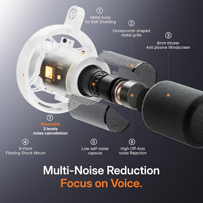 MAONO PD200W Hybrid Wireless Podcast Equipment Bundle for 2 | XLR USB Dynamic Microphone Kit with 2 Boom Arm, Software, Noise Cancellation, for Co-hosted Podcast, Vocal Recording, White - Image 6