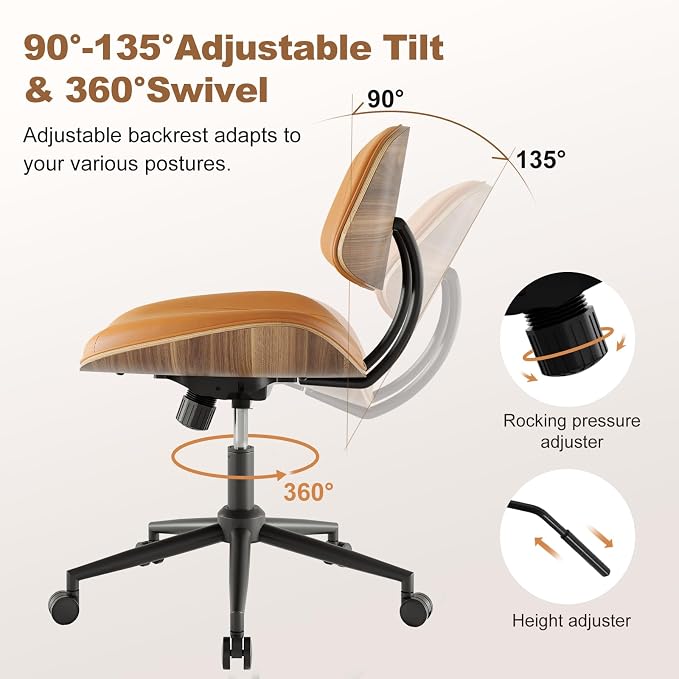 Armless Office Chair with Wheels, PU Leather Desk Chair, Brown | Adjustable Height Task Chair, 360° Swivel Ergonomic Computer Chair for Small Space, Modern Walnut Style, Home & Meeting Room - Image 3