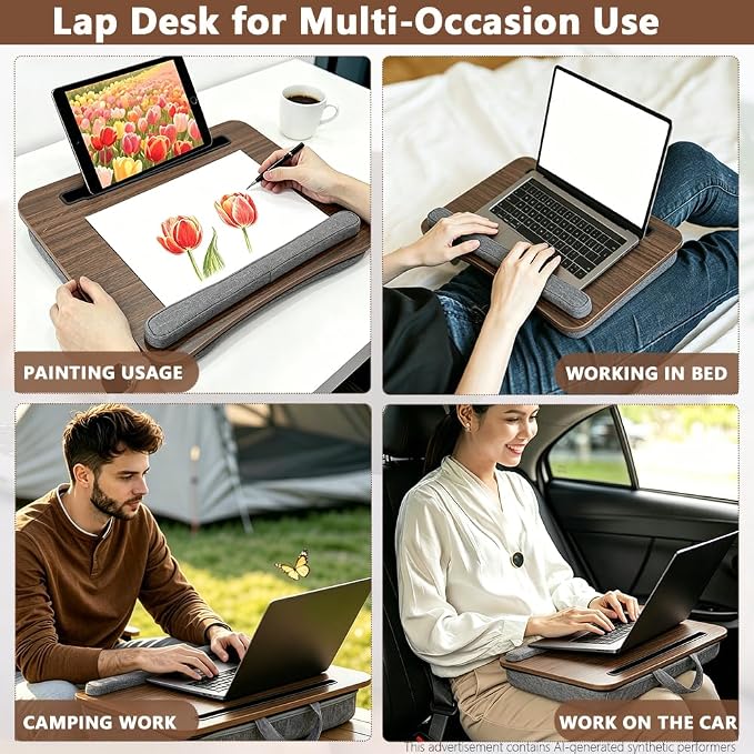 Portable Lap Desk Fits 14–17 Inch Laptops for Bed | Walnut-toned top surface,padded cushion,hand strap,pen & tablet slots for home,car & travel - Image 7