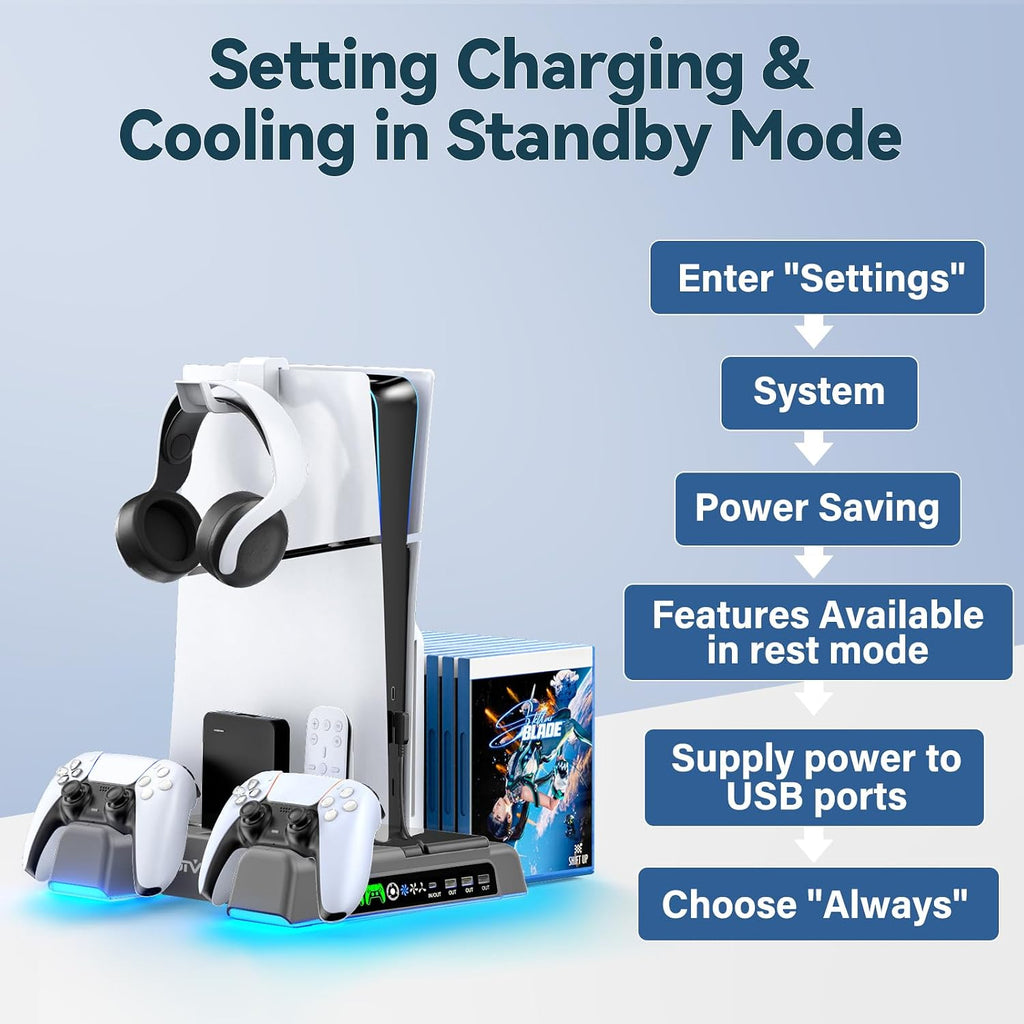 OIVO P5/Slim/Pro Stand and Cooling Station with LED Controller Charging Station for P 5 Console, Controller Charger, Cooling Stand, P5/Slim/Pro Skin Accessories Kit with 3 Level Cooler Fan, Gray - Image 6
