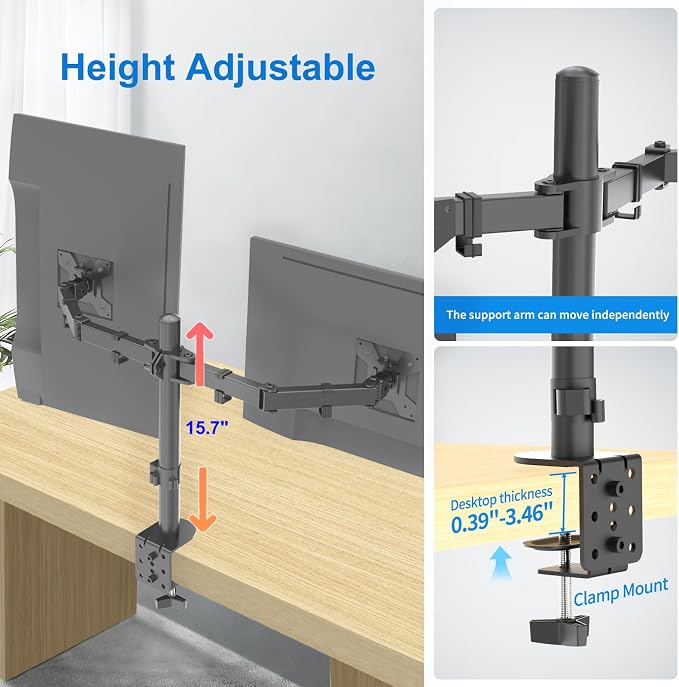 Dual Monitor Mount for 17-27 Inch Monitors up to 17.6 lbs, Desk Clamp | ±45° Tilt | ±90° Swive l 360° Rotation | Height Adjustable | C-Clamp Mount | Cable Management | VESA 75×75/100×100 mm - Image 5