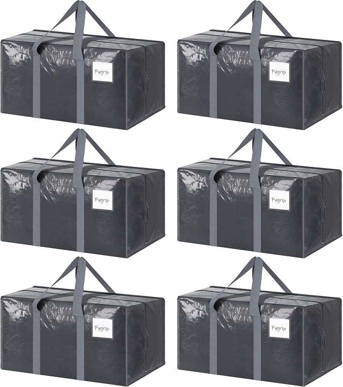 6 Pack Extra Heavy Duty Large Moving Bags with Strong Zipper, Gray | Comfortable Handles, Sturdy & Durable Clothes Storage Bags Totes Bins, Blue Packing Moving Boxes for College Supplies by Fygrip