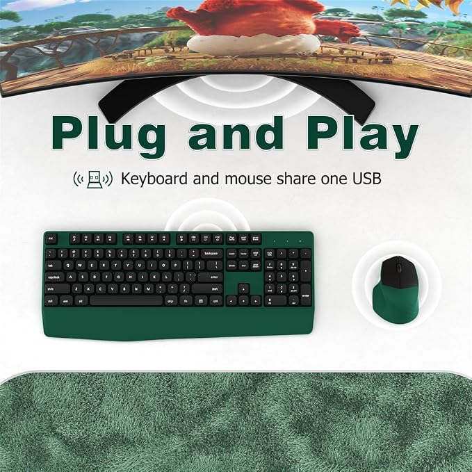Ergonomic Wireless Keyboard and Mouse Combo with Wrist Rest (Black Green) | COVEVA Full Size Keyboard with 12 Dedicated Shortcuts, Smart Auto-Sleep, 2.4GHz Receiver, Natural Typing for PC Laptop - Image 4