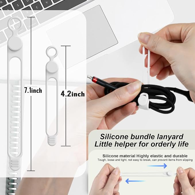 Silicone Cable Ties, Cord Organizer Cable Management,2Sizes-White | Reusable Cord Ties for Electronics, Office Desk Accessories, Home Travel Essentials, Easy to Use, 4.2 Inch & 7.1 Inch-16Pcs - Image 2