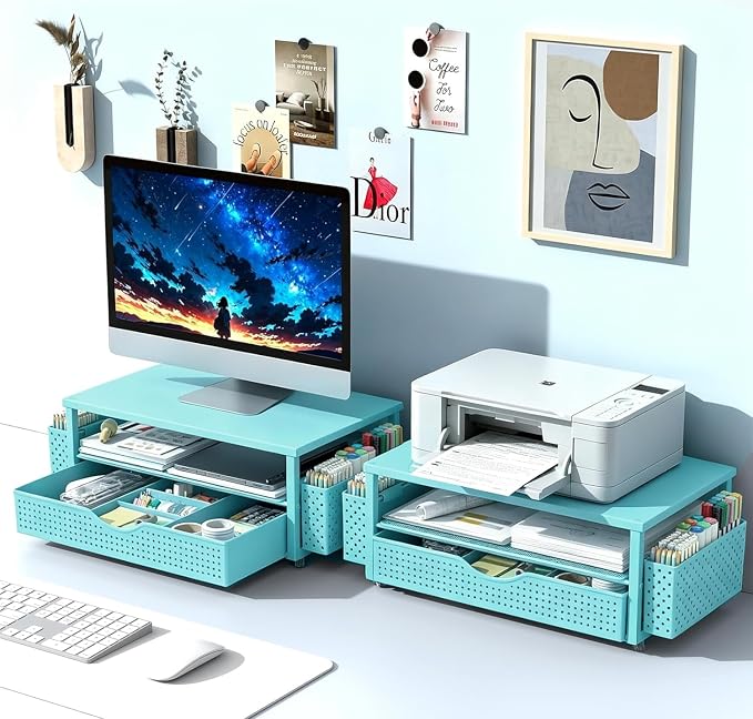 Spacrea Desk Organizer and Accessories, Computer Monitor Stand Riser with Drawer and 2 Pen Holders, Office Desk Accessories & Workspace Organizers for Office Supplies (Blue) - Image 7