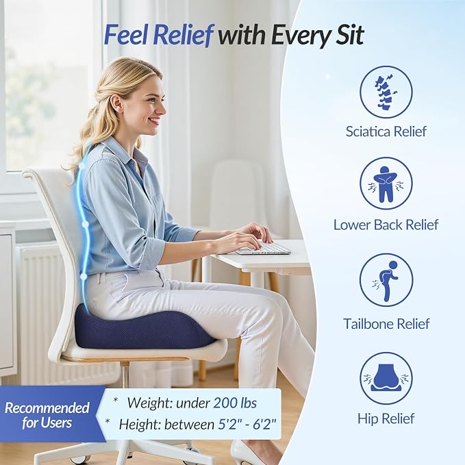 Contoured Ergonomic Seat Cushion for Effective Pain Relief, Non-Slip | Office Chair Cushion for Sciatica, Back, Tailbone Pain Relief, High-Density Memory Foam Car Seat Cushion for Sitting Comfort - Image 2