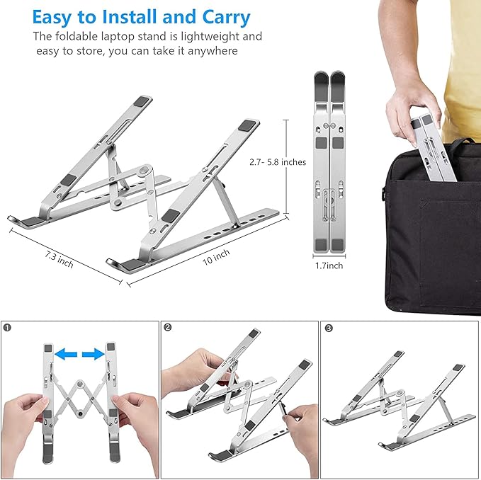 Leeboom Laptop Stand for Desk, Adjustable Foldable Aluminum Riser, Silver | Supports most 10-15.6 inch laptops and tablets with adjustable height and angle for improved comfort - Image 5