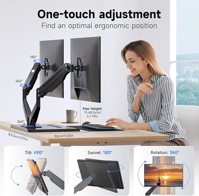 suptek Dual Monitor Mount Gas Spring Monitor Arm Desk Stand with Base,Free Standing Pneumatic Height Adjustable Monitor Stand for 17 to 34 inch,Holds up to 24.25 lbs,Black(ML8SPX) - Image 3