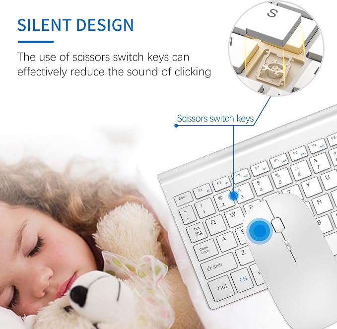 Wireless Keyboard and Mouse Ultra Slim Combo, TopMate - Matte White | 2.4G Silent Compact 2400DPI Mouse and Scissor Switch Keyboard Set with Cover, Batteries Included, for PC/Laptop/Windows/Mac - Image 2