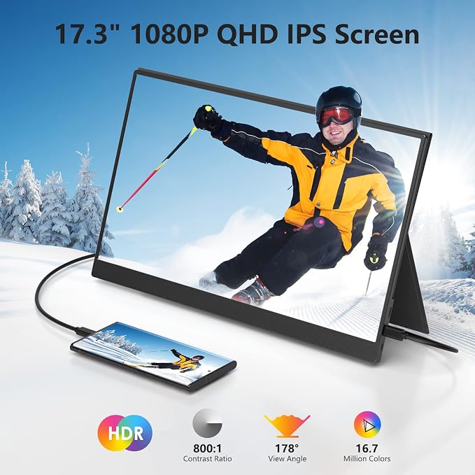 ForHelp 17.3" Portable Monitor 1080P FHD 144Hz Narrow Edge Laptop Monitor USB C HDMI Gaming Computer IPS HDR Screen, Travel Monitor for PC Mac Phone Xbox PS5 Switch Laptop w/Smart Cover & Speakers - Image 3