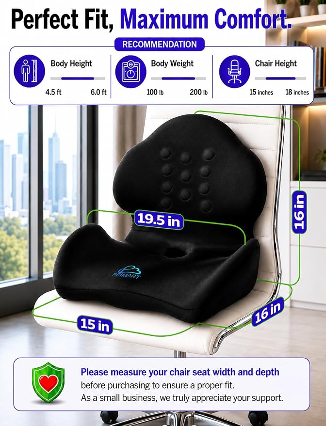 Ergonomic Memory Foam Seat Cushion for Office Chair, Car Seat, Dining, Gaming Chair & Wheelchair | Sciatica, Tailbone & Coccyx Pain and Pressure Relief | Lumbar & Lower Back Support Pillow One Piece - Image 2