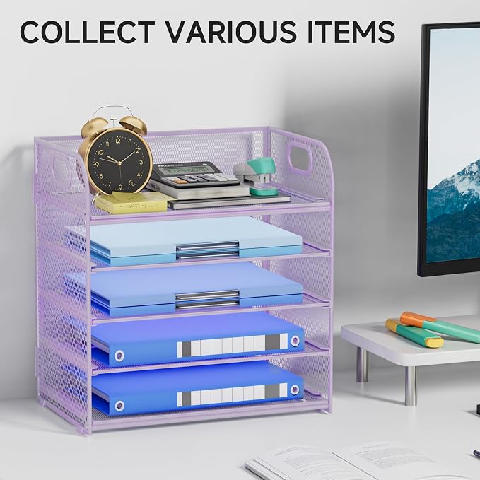 5-Tier Stackable Paper Organizer with Handle, Purple | Metal Mesh Letter Tray, Elegant Desk File Sorter for Office, Home & Classroom Organization - Image 7