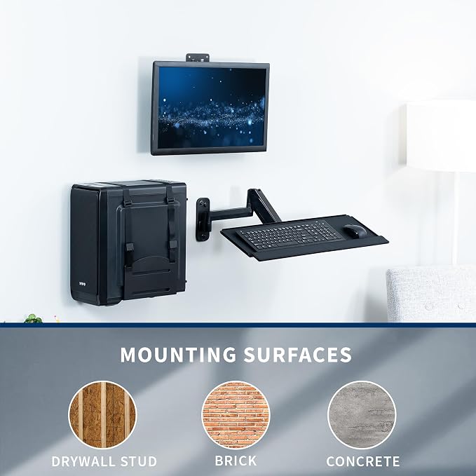 VIVO Sit-Stand 17 to 32 inch Single Monitor Wall Mount with Pneumatic Arm Keyboard Tray and PC Wall Mount Combo, Max VESA 100x100mm, Black, MOUNT-VWKB1P - Image 5