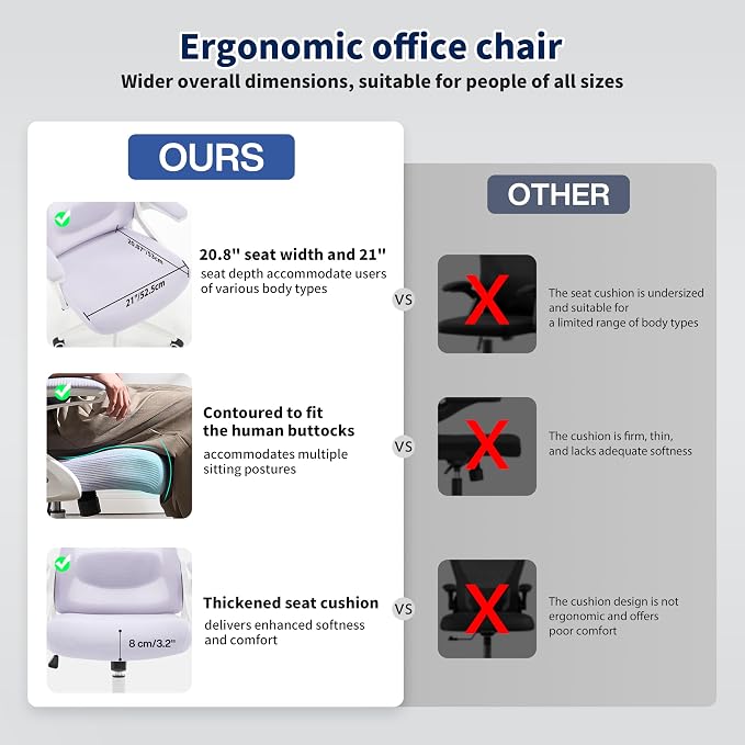 Ergonomic Office Chair Desk Chair with Adjustable Lumbar Support | Mesh Computer Chair Home Office Desk Chair with Flip-up Armrests Executive Task Chair Comfy Mesh Gaming Chair(Lavender) - Image 5