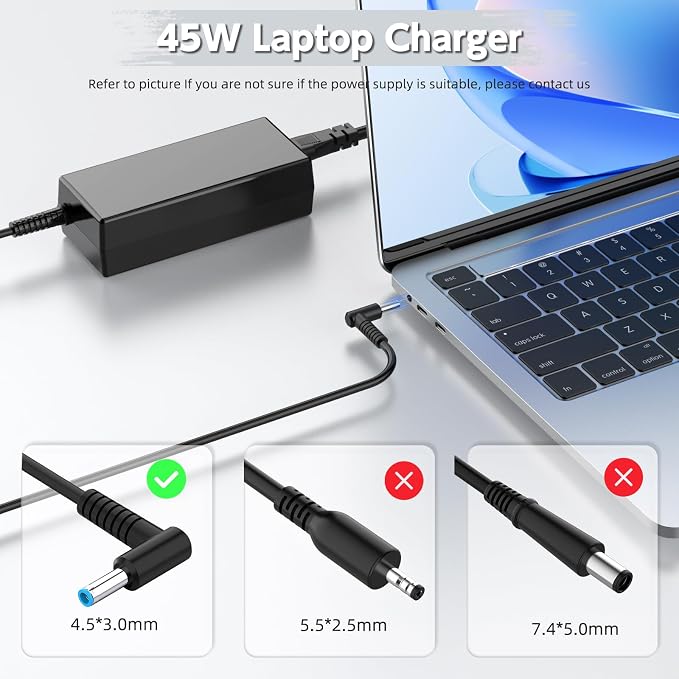 Replacement 45W Charger Compatible with HP 15 15-dy Laptop Blue Tip | 45W power, 4.5x3.0mm Blue Tip. Fits HP 15-dy/dw series. 8.59ft extra long cord. WARNING: Not for 65W or USB-C laptops. - Image 2