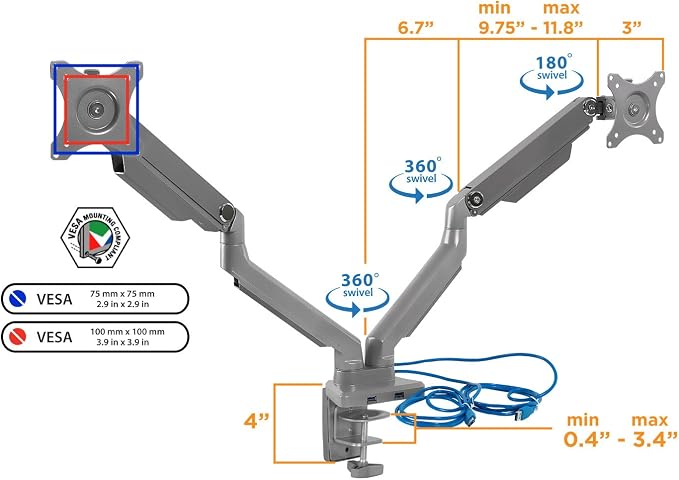 Mount-It! Dual Monitor Desk Mount with USB 3.0 Ports, Full Motion Dual Monitor Stand for 2 Screens up to 32 Inches, VESA 75x75 & 100x100, Clamp or Grommet Installation - Image 9