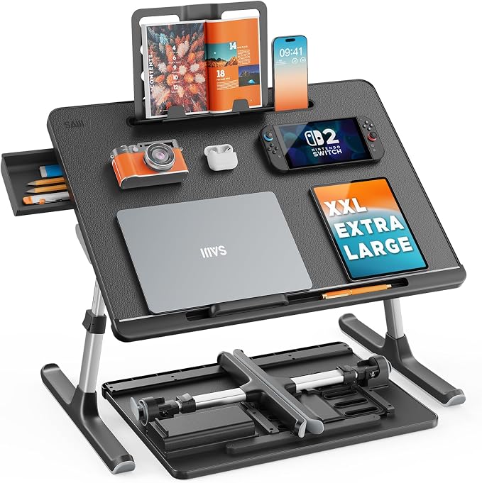 Laptop Lap Desk for Bed, SAIJI X-Large Adjustable Laptop Table | XXL-Extra Large, Foldable Laptop Stand for Bed, with Storage Drawer & Bookstand, for Eating, Working, Gaming, Drawing by SAIJI
