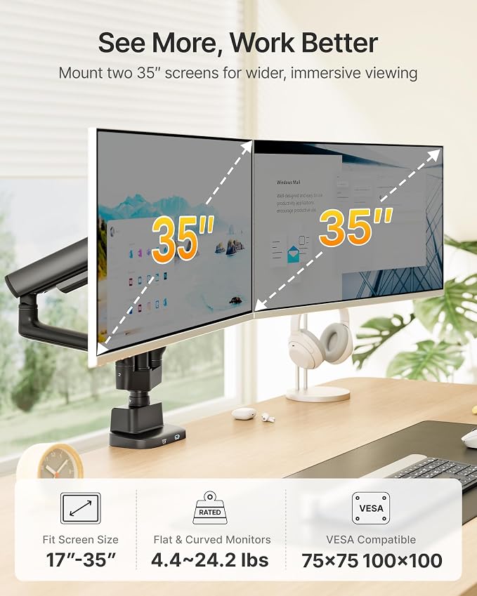 monTEK Tall Mechanical Spring Dual Monitor Arm with USB for 27 32 34 Screen | Black, Built-in One-Way Bearing, Holds 26.4 lbs, VESA 75/100mm, C-Clamp/Grommet Base & Cable Management, Office, Home, Game - Image 2