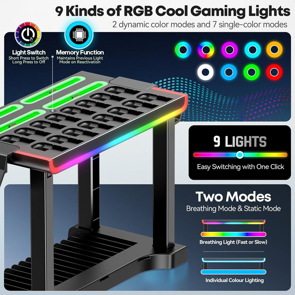 Switch 2 RGB Organizer Station with Controller Charging Dock, Switch 2 Storage Stand, Joycon 2 Charger, Gaming Accessories Holds TV Dock, 16 Game Cases, 16 Game Cards and 2 Pro Controllers - Image 3