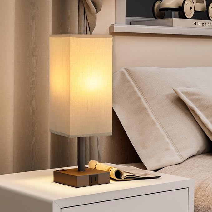 Grey Touch Table Lamp for Bedroom - Dimmable, USB C+A, 2 AC Outlets | 3-Way Dimming, 3000K Bulb Included, Square Grey Lampshade and Black Base, Desk Lamp for Nightstand, Living Room, Dorm - Image 6