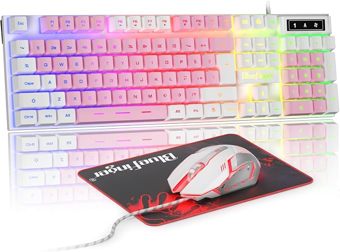 BlueFinger RGB Gaming Keyboard and Backlit Mouse Combo, USB Wired, LED Gaming Set for Laptop PC Computer Game and Work (White & Pink) by BlueFinger