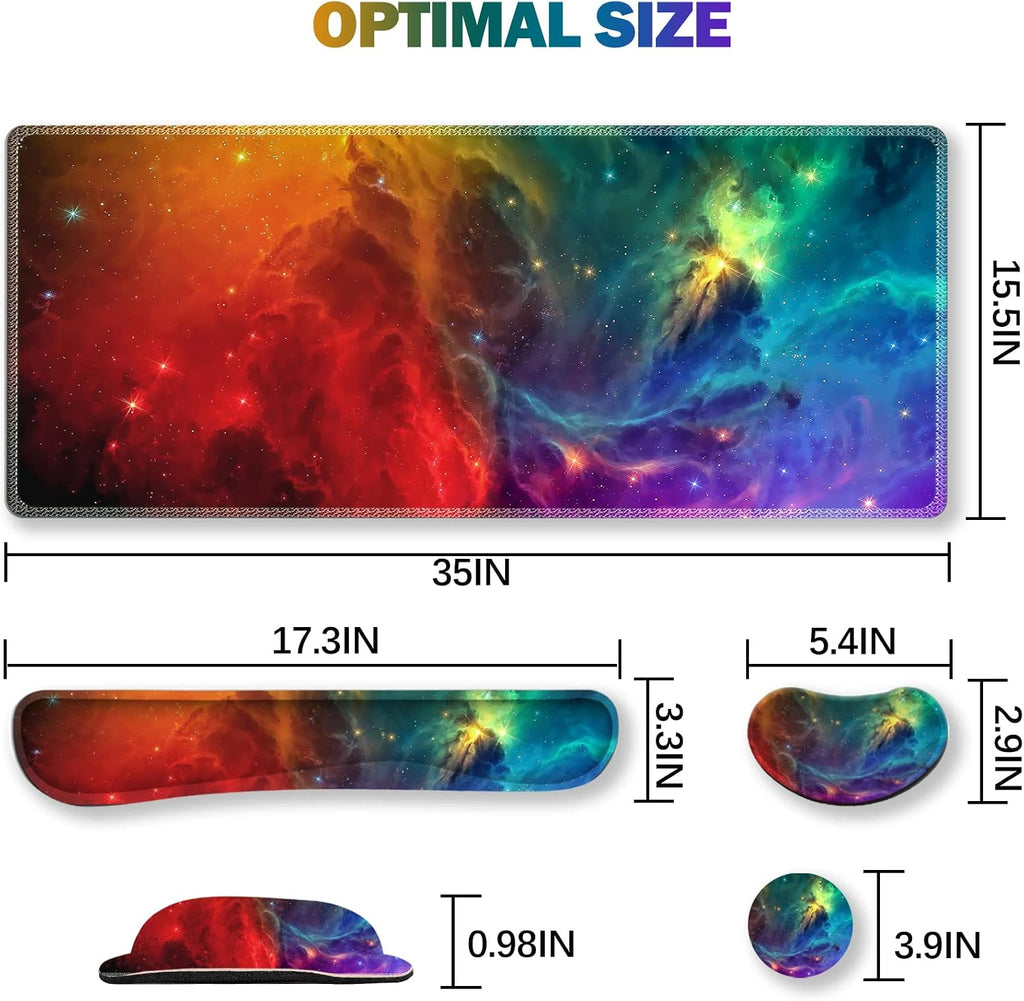 Extended Gaming Mouse Pad Set, Keyboard Wrist Rest Support Pad + Wrist Cushion + XXL Large Mouse Pad + Coaster, Stitched Edge, Non-Slip, Memory Foam Desk Mat, Color Nebula Galaxy - Image 6