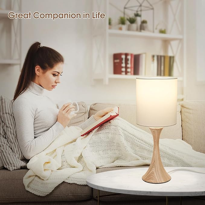 Dimmable Wood Grain Metal Table Lamp, 3 Way Touch Lamp with White Shade | Farmhouse Small Desk Lamp, Modern Nightstand Bedside Lamp for Living Room, Bedroom, Dorm, Office, 3000K LED Bulb Included - Image 5