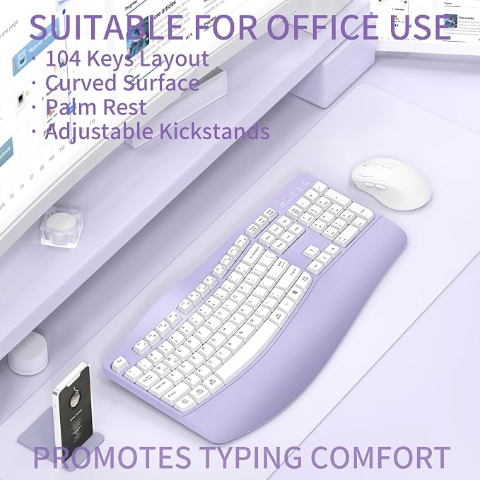 Wireless Keyboard and Mouse Combo,2.4G Ergonomic Wave Keys(Purple) | Full Size Cordless Keyboard with Wrist Rest,3-Level DPI Ergonomic Mouse for Office and Home,Windows/Mac OS/Desktop/Laptop/PC - Image 2