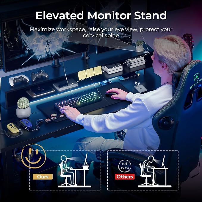GTPLAYER Electric Standing Desk with Drawers, 48 x 24 Inch Height Adjustable Gaming Desk with Monitor Stand, Power Outlets & LED Lights, Home Office Sit Stand Up Desk with Memory Preset (Black) - Image 8