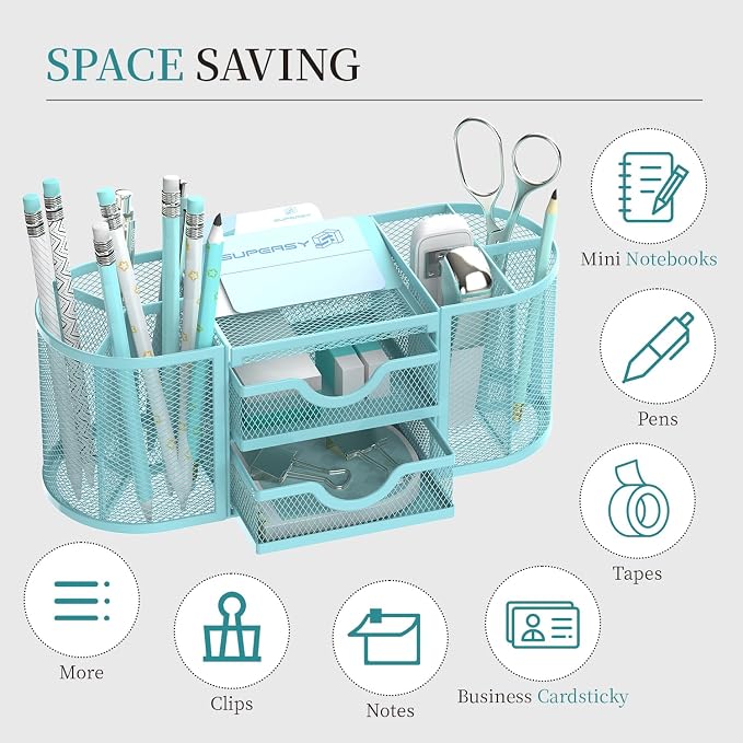 Mesh Desk Organizer, Pen Holder for Desk with 2 Drawers, Blue | Desk Organizers and Accessories with 8 Compartments and 2 Drawers, Pencil Holder for Desk for Small Office Supplies - Image 4